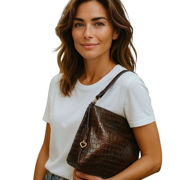 Brighton Brown Black Leather Snakeskin Pattern Medium Large Shoulder Bag - Picture 2 of 15